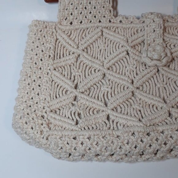 1970s Cotton Macrame and Wood Top-Handled Purse, 70’s Boho Handbag Philippines - Picture 2 of 9